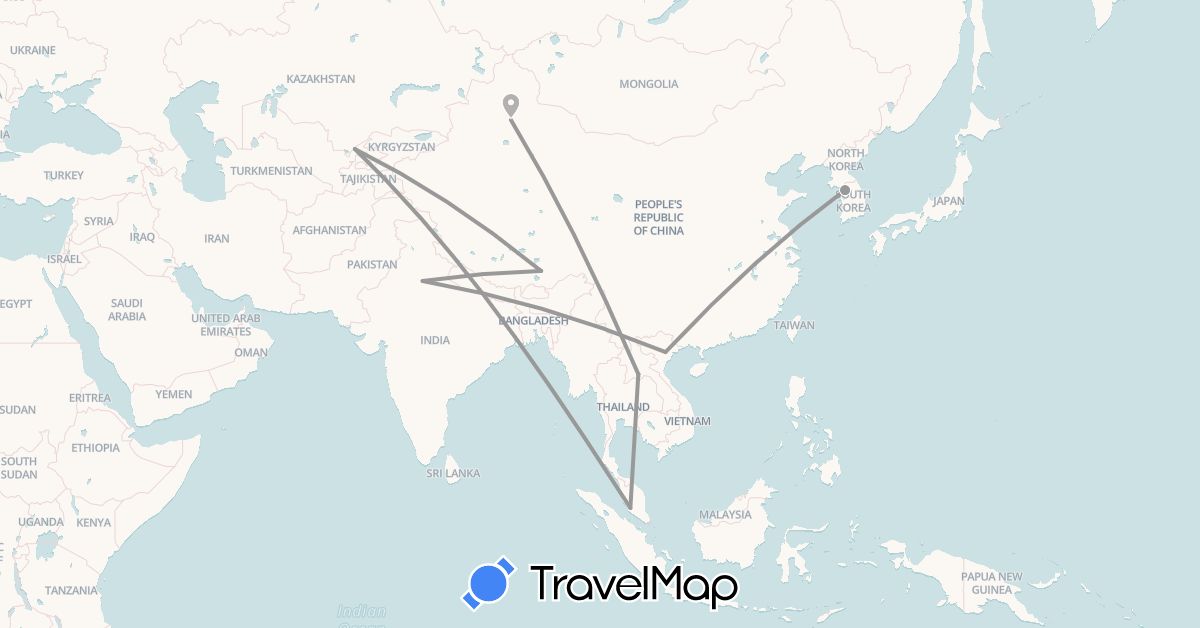 TravelMap itinerary: plane in China, India, South Korea, Laos, Malaysia, Uzbekistan, Vietnam (Asia)